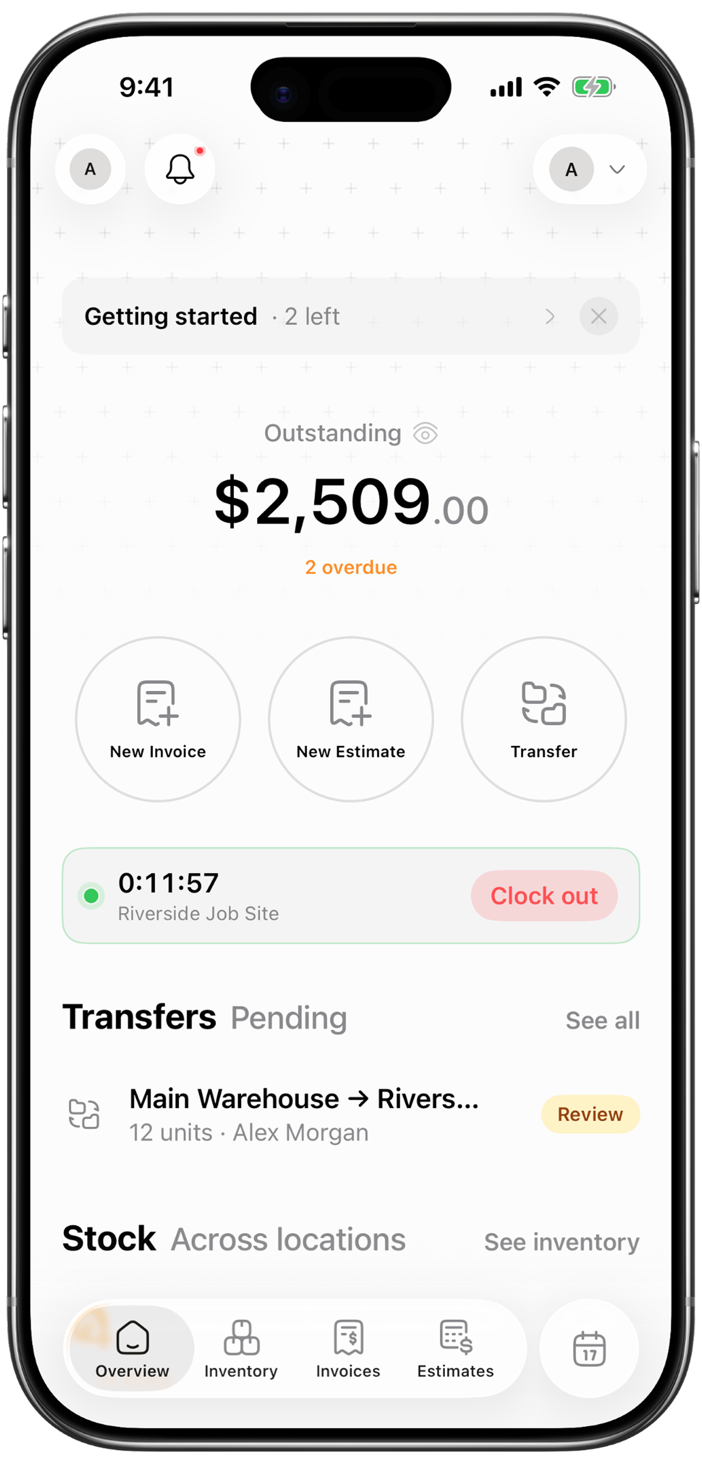 Antsfield iPhone app overview with outstanding balance, transfers, and stock